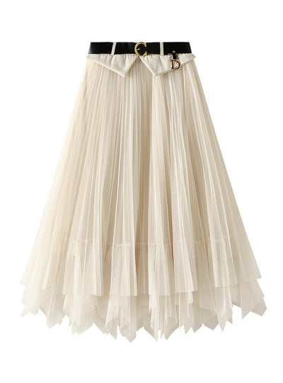 Retro Button Pleated Skirt Gauze