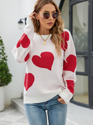 Turtleneck Hearts Contrast Color Love Heart Sweater