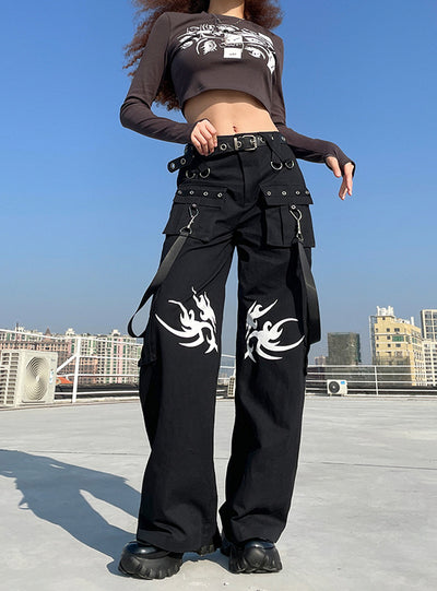 Printed Hip-hop Wide-leg Pocket Trousers Pant