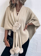 Solid Color Wool Ball Cardigan Sweater Cloak Shawl