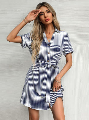 Striped Lapel Short Sleeve Lace-up Shirt Dress