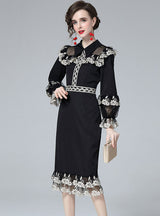 Waist Retro Lantern Sleeve Lace Dress