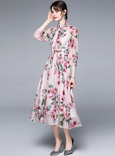 Printed Lantern Sleeve Slim Chiffon Dress