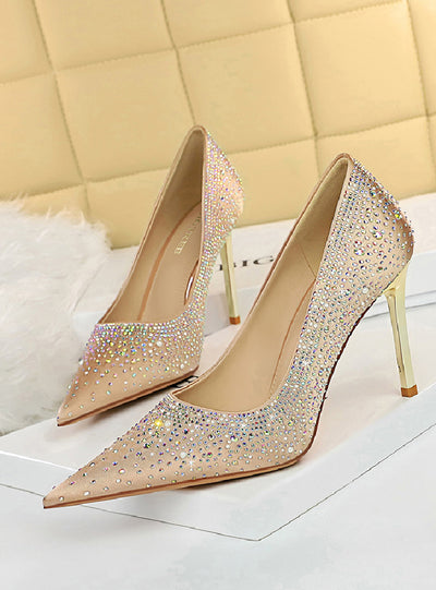 Women's High Heel Pointed Satin Rhinestone Shoes