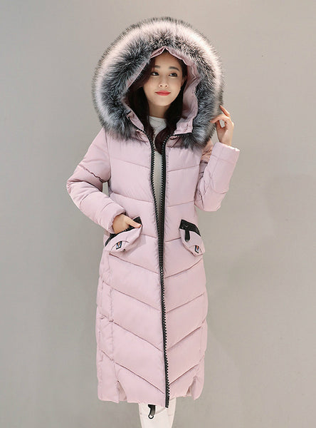 Down Jacket Hooded Cotton Long Fur Collar Slim