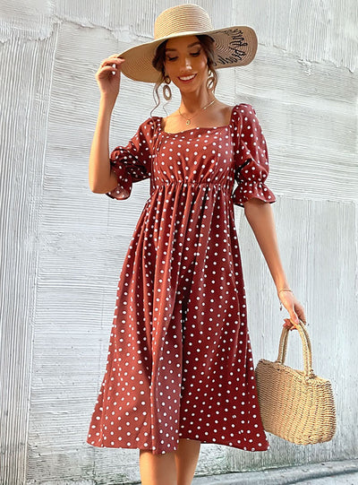 Retro Bubble Sleeve Polka Dot Square Collar Dress