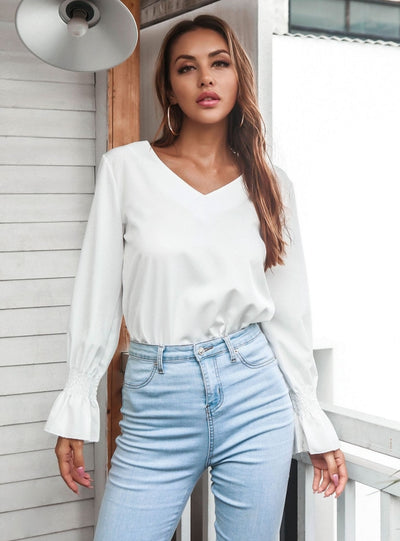 V-neck Backless Flared Sleeve Shirt