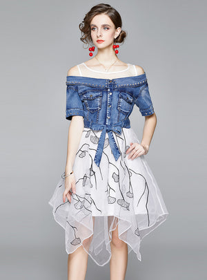 Organza Stitching Denim Dress