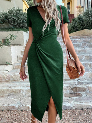 V-neck Twisted Split Solid Color Dress