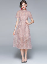 Heavy Embroidery Lace Lapel Fauze Dress