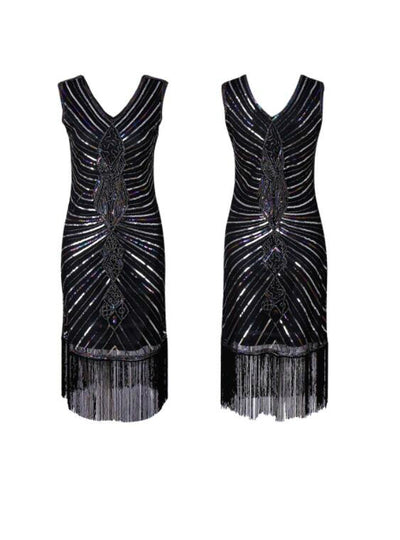 Mermaid V-neck Tassels Black Sequins Party Dress