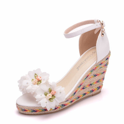 White Flower Fishmouth Wedge Sandals