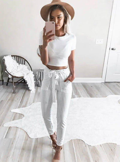 Striped Strechy Elastic High Waist Harem Pants 