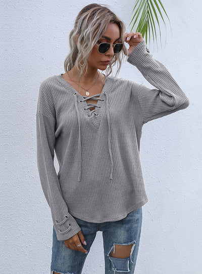 Pullover V-neck Grey Long Sleeve Shirt