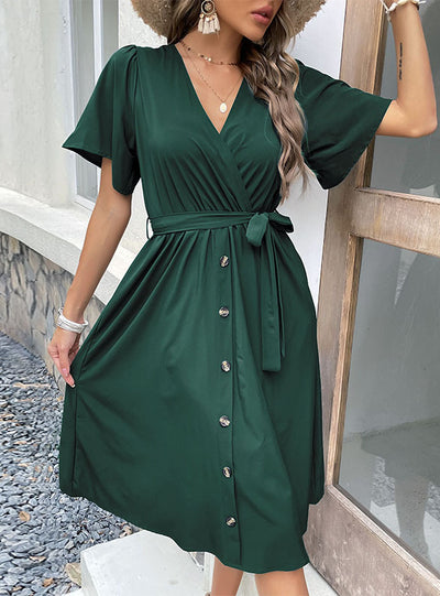 V-neck Lace-up Short Sleeves Dress