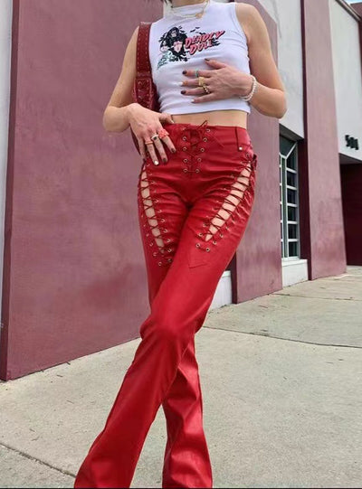 High Waist Hollow Straight Leg Slim Leather Pants