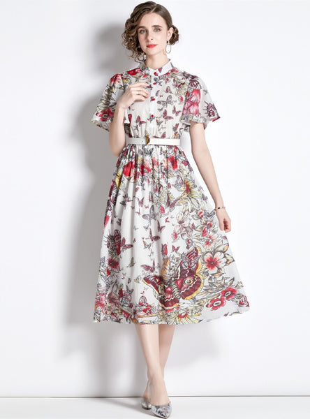 Collar Butterfly Print Short Sleeve Dress