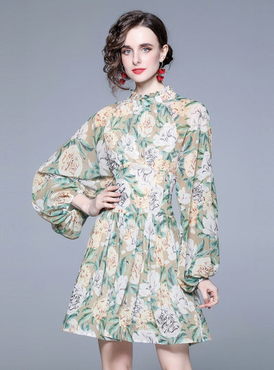 Long Sleeve Printed Lantern Dress