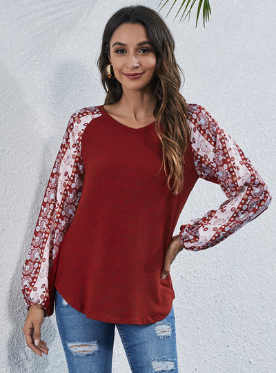 V-neck Printed Loose Lantern Long Sleeve T-shirt