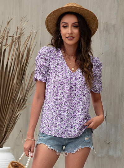 V-neck bubble sleeve printed short sleeve blouse