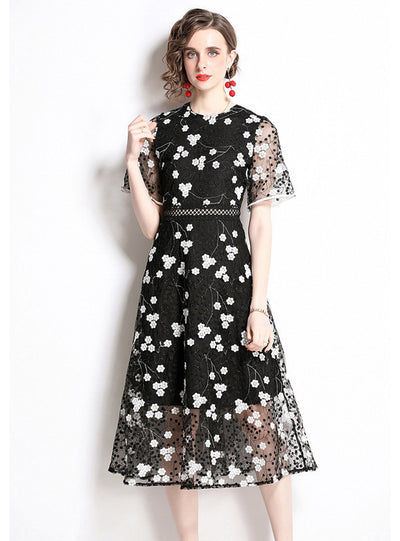 Women Black Heavy Embroidery Gauze Dress