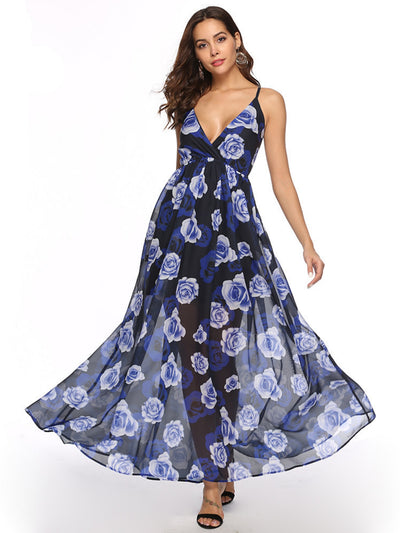 Sexy Backless Chiffon Printed Big Swing Dress