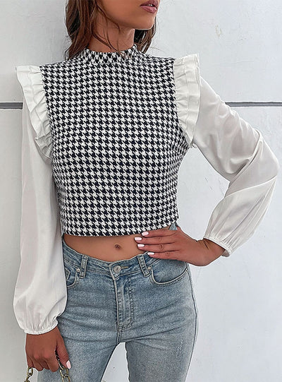 Retro Houndstooth Long Sleeve Ruffled Stitching Shirt