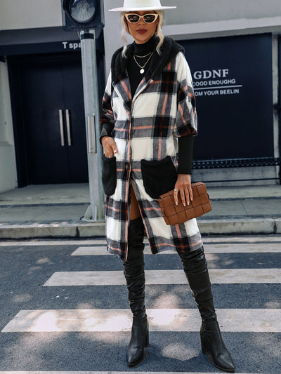 Striped Plush Hooded Patchwork Plaid Jacket