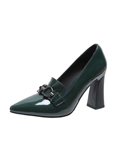 Buckle Pointed Shallow Thick Heel Patent Leather Shoes