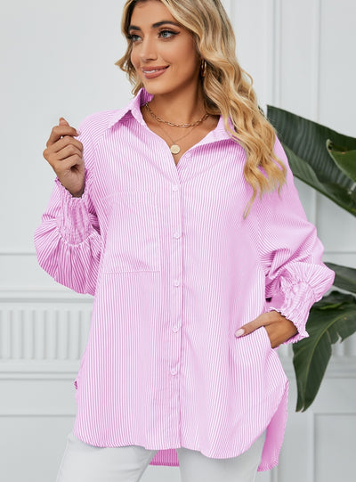 Pleated Loose Striped Shirt Top