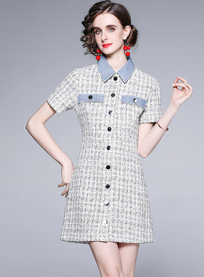 Denim Plaid Short Sleeve Tweed Dress