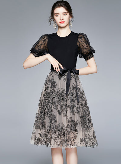 Embroidered Bubble Sleeve Gauze Dress