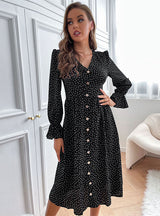 Point V-neck Long Sleeve Dress