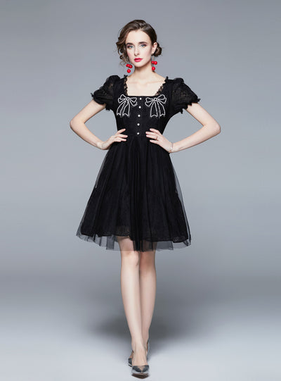 Black Lace Embroidered Bow Short Sleeve Dress