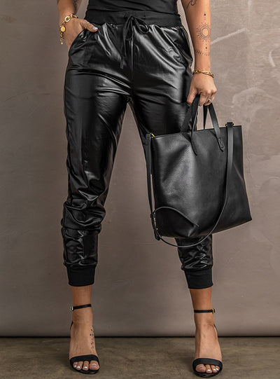 Loose Leather Pocket Nine Feet Pants