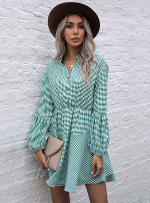 Printed Plaid Long Sleeve Collar Dress