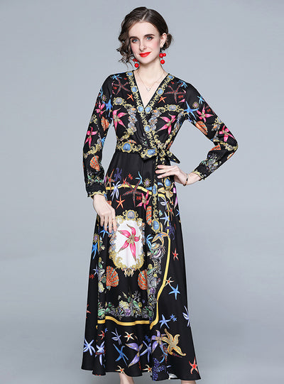 V-Neck Long Sleeve Retro Printed Waist Dress