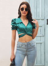 Satin Silk-like Bubble Sleeve Short Shirt