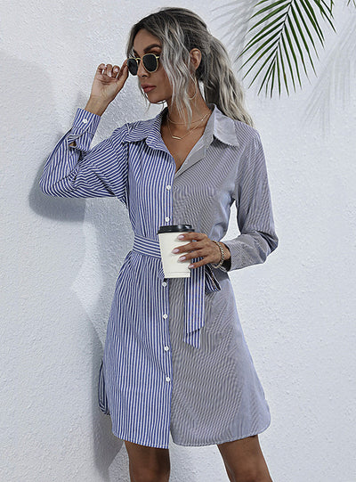 Bow Tie Long Sleeve Striped Shirt Dress