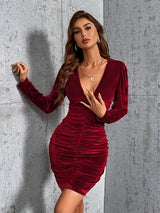 Sexy V-neck Pleated Long Sleeve Velvet Dress