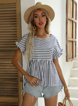 Loose Lotus Leaf Short Sleeve Striped Shirt