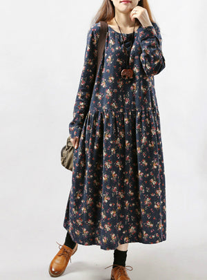 Winter Vintage Print Casual Long Sleeve Floral Dress