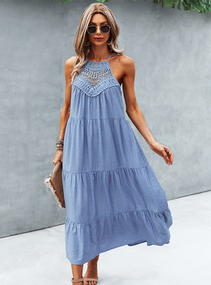 Solid Color Stitching Long Dress