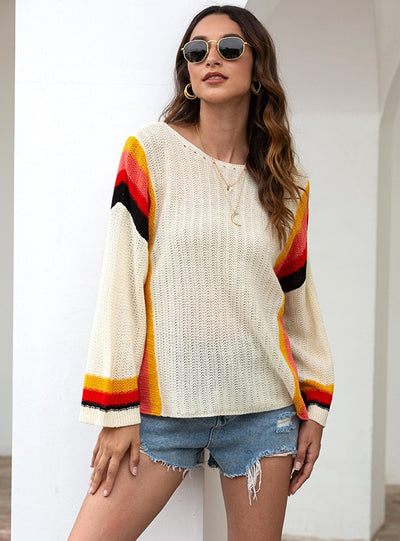 Hollow Beach Stitching Knit Rainbow Sweater