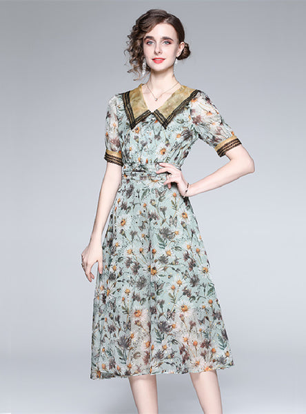 Women Floral Retro Palace Short Sleeve Dress