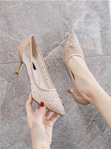 Fine-heeled Pointed Diamond Mesh High-heeled Shoes