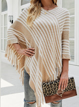 Knitwear Striped Tassel Cloak Shawl Coat