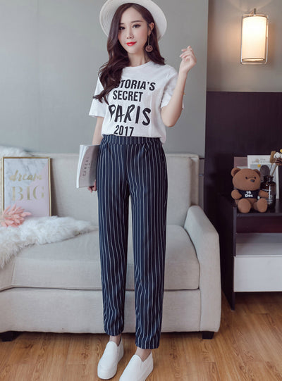 Fashion Elastic Waist Casual Stripes Peneil Pants 