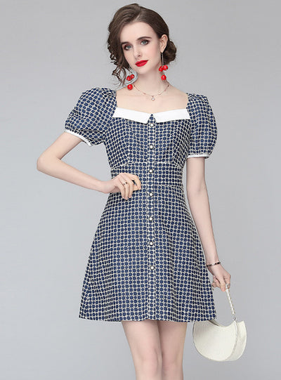 Square Collar Waist Slim Bubble Sleeve Dress