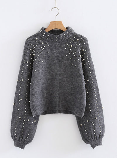 Round Neck Loose Sweater Short Pearl Sweater